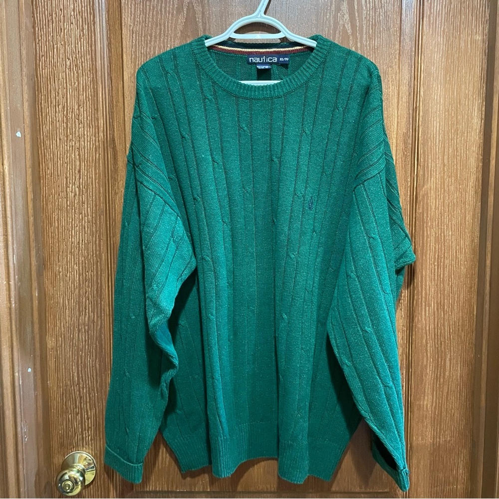 VINTAGE Nautica Men's Green Crewneck Sweater Linen Cotton Size XL